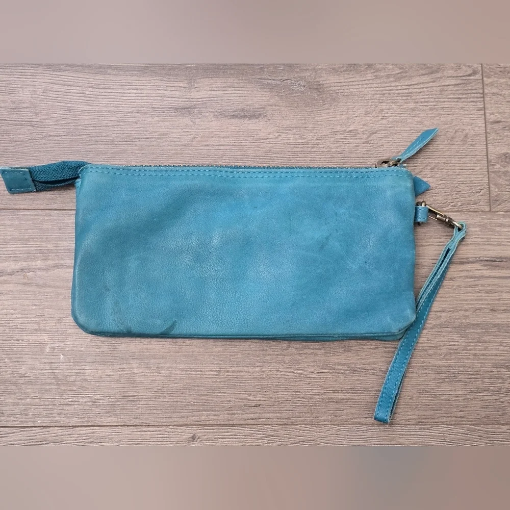 Holding Horses Leather Wristlet Wallet Blue Zipper Weatern Cowgirl Boho Cottage